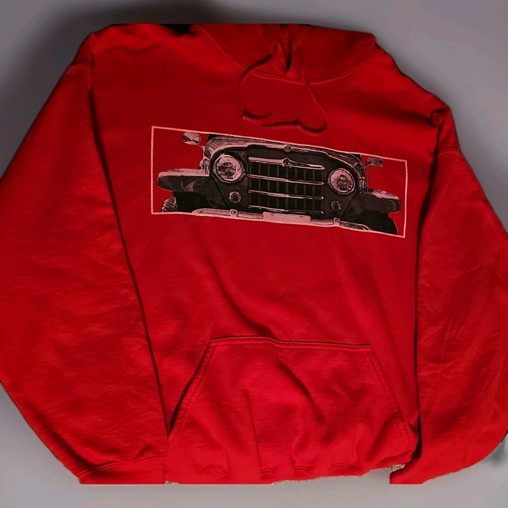 Gildan Jeep Hoodie Mens XL Red Car Logo Cotton Fleece Pullover Sweatshirt